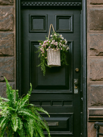 A chic black door with a woven flower basket and green fern offers a warm welcome in the city.
