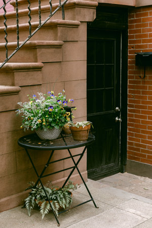 Colorful flower pots adorn a small table near a brownstone building's entrance, creating a welcoming...