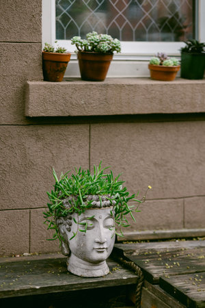 A unique planter in the shape of a head is adorned with vibrant green plants, set against a textured...