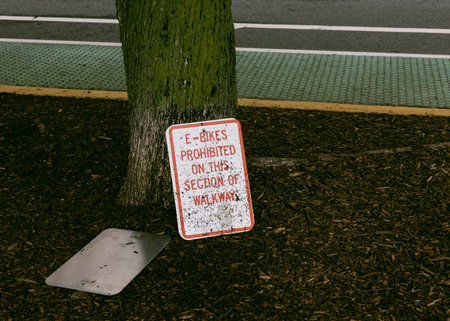 Notice warns against e-bike usage on a walkway by a tree in a public setting.の写真素材