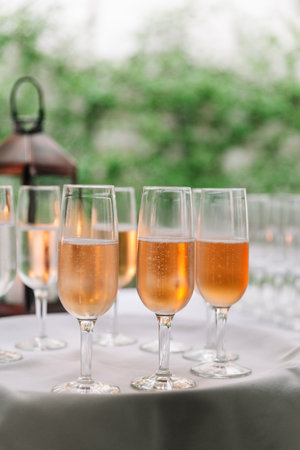 Glasses filled with sparkling beverage glimmering in soft light during a cozy outdoor gathering...