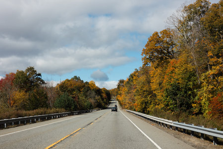 Enjoy a peaceful drive down a winding road surrounded by vibrant autumn trees under a partly cloudy...