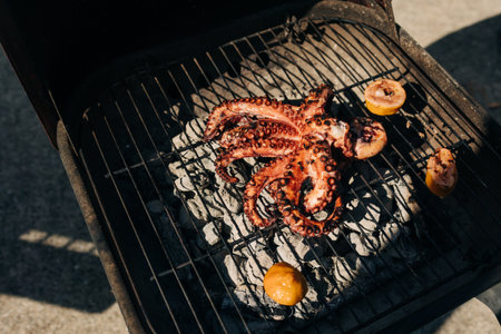 Octopus and peaches sizzling on a grill, showcasing a vibrant outdoor cooking experience under clear...