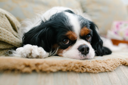 A calm dog lounges on a soft blanket, enjoying its peaceful surroundings in a warm living room...