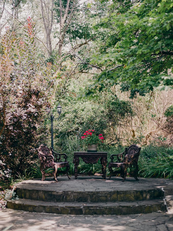 A serene garden has two ornate chairs and a small table with vibrant flowers, creating an inviting vibe.の写真素材