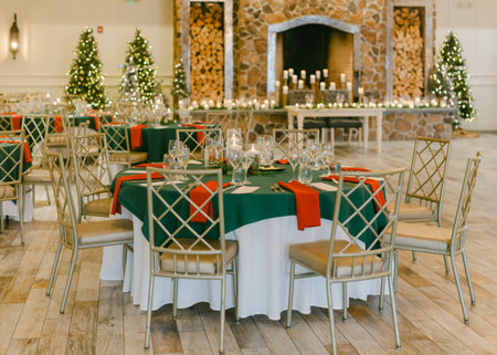 Tables adorned with green and red decorations create a warm, festive atmosphere in a charming location.の写真素材
