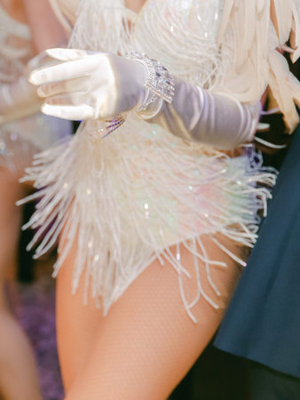 Dancers in sparkling costumes perform energetically, captivating the audience with their elegance...