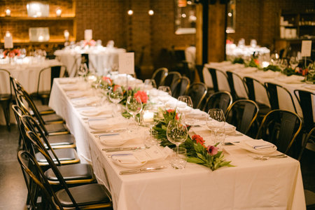 A beautifully arranged dining area features tables with white cloths and floral decorations,...