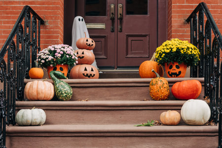 Festive decorations adorn front steps, featuring carved pumpkins, vibrant flowers, and a ghostly...