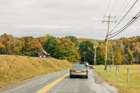 Cars travel along a quiet road lined with vibrant autumn trees and a charming cottage in the distance.の写真素材