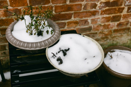 Snow blankets two pottery planters on a black table, highlighting winter's chill against a rustic brick wall.の写真素材
