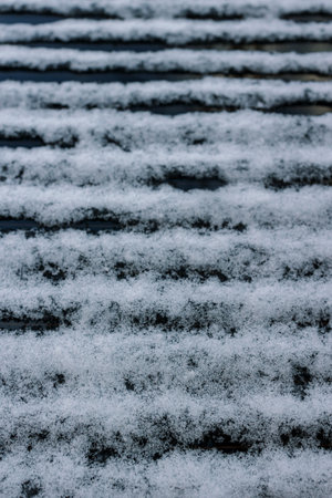 Fresh snow blankets a wooden surface in a serene outdoor area at the break of dawn.
