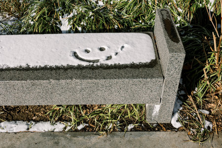 A bench rests covered in snow, with a smiley face formed in the snow, adding cheer in a quiet winter...