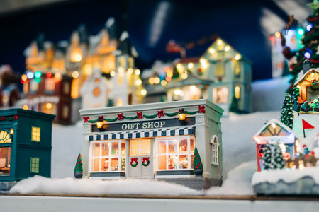 A colorful gift shop is surrounded by miniature houses decorated for the holidays, creating a festive scene with lights.の写真素材