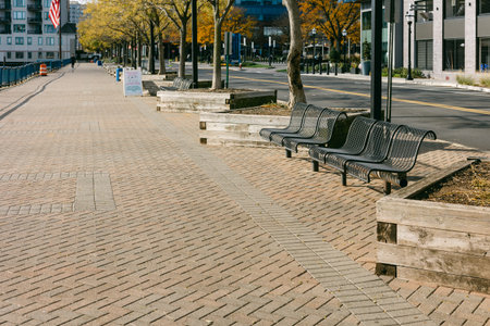 People stroll along the waterfront path with benches lined beside autumn trees and city buildings.