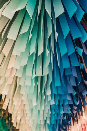 Striking paper decorations in various shades of blue and green cascade from above, creating an artistic atmosphere.の写真素材