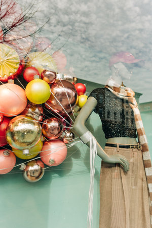 A stylish mannequin stands by a bright display of festive ornaments, creating a cheerful vibe.の写真素材