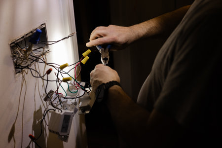 Electrician working on wiring in a dimly lit room during the eveningの写真素材