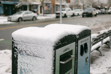 Snow covers landfill and recycling bin on a street in a city during winter season in the afternoonの写真素材
