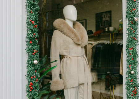 A mannequin stands wearing a winter coat in a shop window decorated for the holiday season.の写真素材