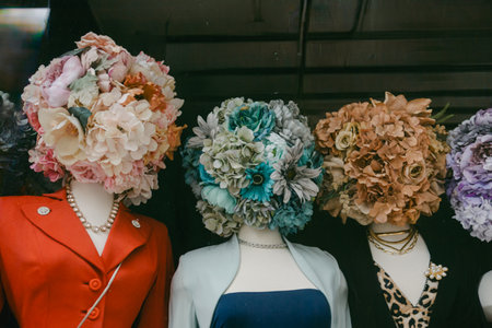 Mannequins in a retail window display sport colorful floral headpieces while showcasing clothing.