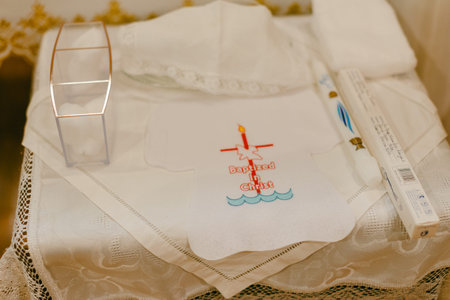 Various items for a baptism are on a table, including a ceremonial cloth and a candle ready for the event.の写真素材