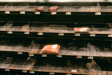 A grocery store has empty shelves where meat is usually displayed. Only a few packages remain for shoppers.の写真素材