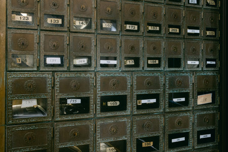 Rows of metal mailboxes are lined up in a building. Each box has a number and some have names. The scene is bright.の写真素材