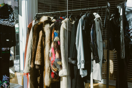 Several clothing racks display jackets and coats in a store. It is bright outside, and shoppers may be nearby.の写真素材
