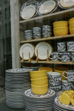 Dishes and cups are arranged in a shop window. Yellow and blue designs are visible. People walk by...