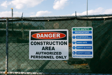 Sign shows danger and rules at a construction site. Access is limited to authorized staff and safety...