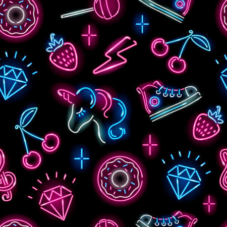 Seamless pattern with neon icons of unicorn face, strawberry, diamond, cherry, donut, lollypop on black background.のイラスト素材