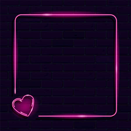 Neon frame with heart on brick wall seamless background. Square textplace template. Night signboard style.のイラスト素材