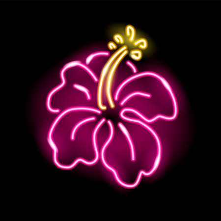 Neon hibiscus flower. Vector illustration isolated on black background.のイラスト素材