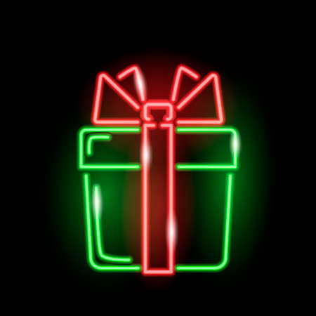 Neon green gift box with red bow isolated on black background. Christmas, birthday, surprise concept for  banner.のイラスト素材