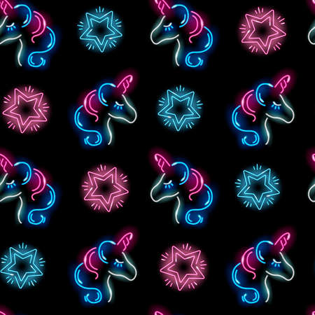 Seamless pattern with neon icons of unicorn face and stars on black background. Children or girly concept. Vector 10 EPS illustration.のイラスト素材