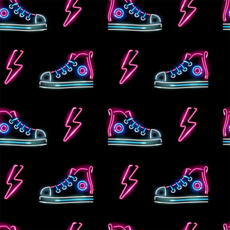 Seamless pattern with neon icons of sneakers and lightning bolts on black background. Fashion, girly, footwear, sport concept for wallpaper, wrapping, print. Vector 10 EPS illustration.のイラスト素材