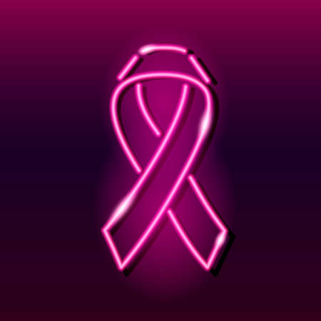 Neon pink ribbon - breast cancer awareness symbol. Bright glowing icon on dark background. Vector 10 EPS illustration.のイラスト素材