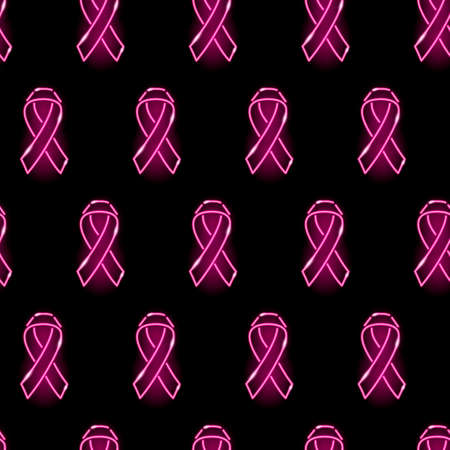 Neon pink ribbon seamless pattern. Breast cancer awareness concept. Bright glowing icons on black background. Vector 10 EPS illustration.のイラスト素材