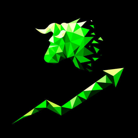 Silhouette of bulls head and growing graf in low poly style. Bullish market trend concept. Vector 10 eps illustration. Isolated on black background.のイラスト素材