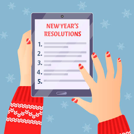 Top view of womens hands holding digital tablet device with new years resolutions. Vector flat illustrationのイラスト素材