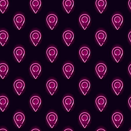 Neon geo location pin seamless pattern with pink icons on dark background. Navigation, destination point, gps, locate, map concept. Vector 10 EPS illustration.のイラスト素材