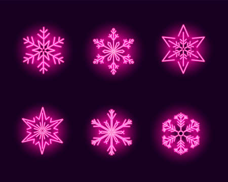 Set of neon snowflake icons on gradient dark purple background. Vector 10 EPS illustration.のイラスト素材