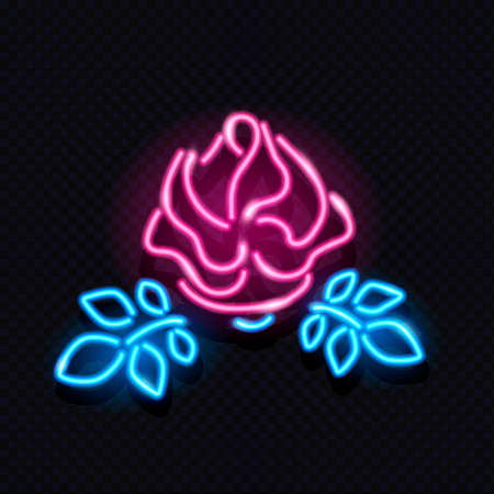 Neon glowing icon of rose flower isolated on dark background. Floral design element for banner, greeting card, in signboard style. Vector 10 EPS illustration.のイラスト素材