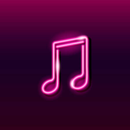 Neon icon of pink musical note on dark purple background. Design element for music concept:  banner, flyer. Vector 10 EPS illustration.のイラスト素材