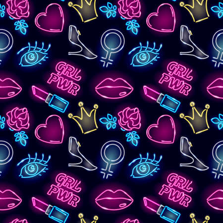 Seamless pattern with neon girly icons. Girl power or feminist concept. Vector 10 EPS illustration.のイラスト素材