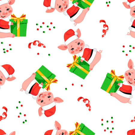 Christmas seamless pattern with a cute little pig in Santa's jacket and hat holding a gift.のイラスト素材
