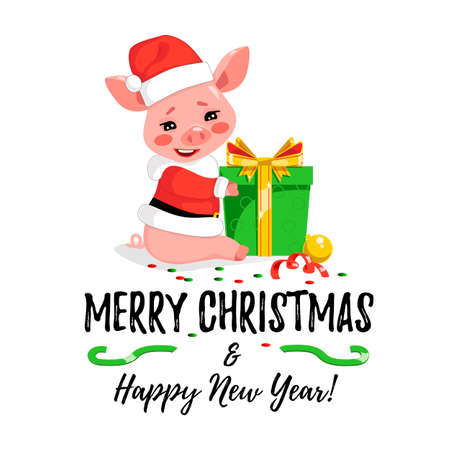 Christmas card with a cute little pig in Santa's jacket and hat holding a gift.のイラスト素材