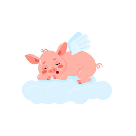 Cute little pig with wings sleeping on a cloud. Cartoon character. illustration isolated on white background.のイラスト素材