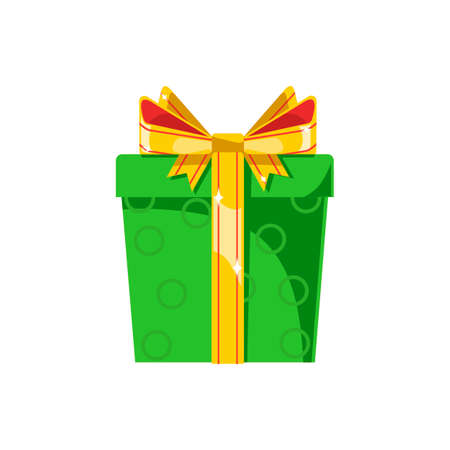 Green gift box with golden ribbon and bow. Flat icon isolated on white background.のイラスト素材